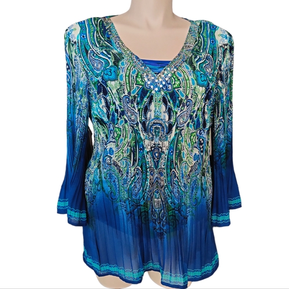 Dress Barn Blue Green Sparkle Beaded Bell Sleeve Blouse Swim Cover-up EUC sz 2X - Picture 9 of 9